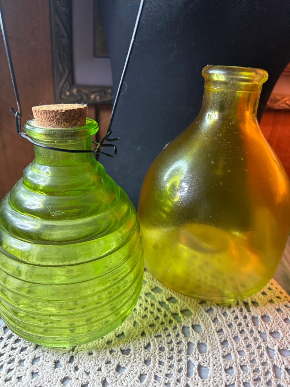 Set of 2 Decorative Glass Bottles - Lime & Amber